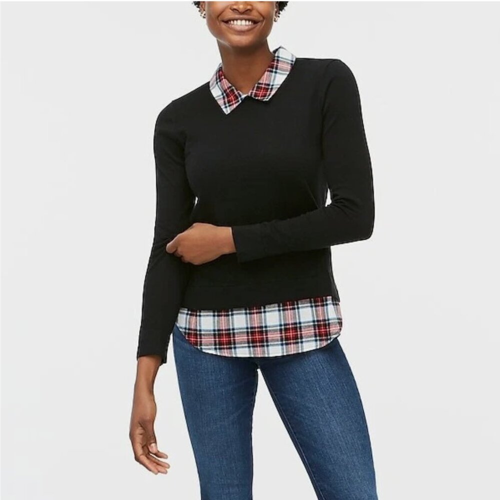 J Crew Black Woven Sweater w/ Snowy Tartan Plaid Hem/Collar